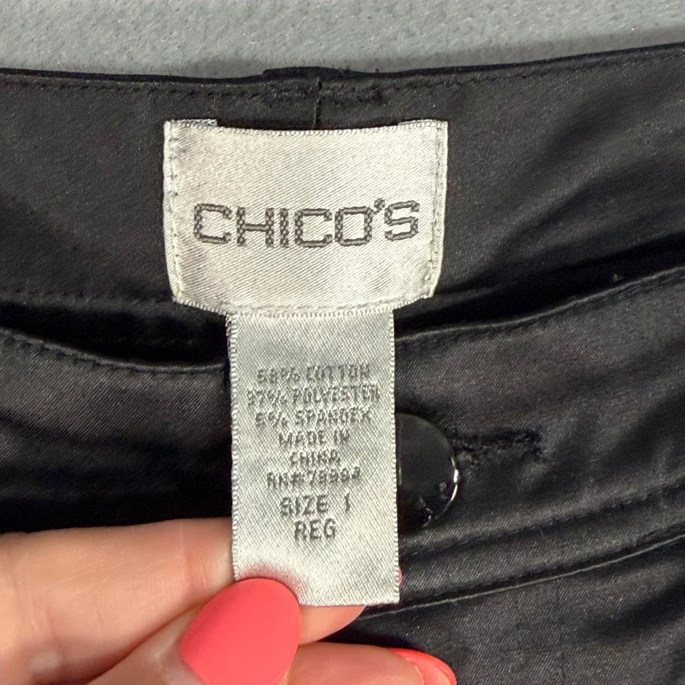 Chico's Satin Bootcut Pants Size 8 Black Stretch 5-Pocket Dress Trousers Regular